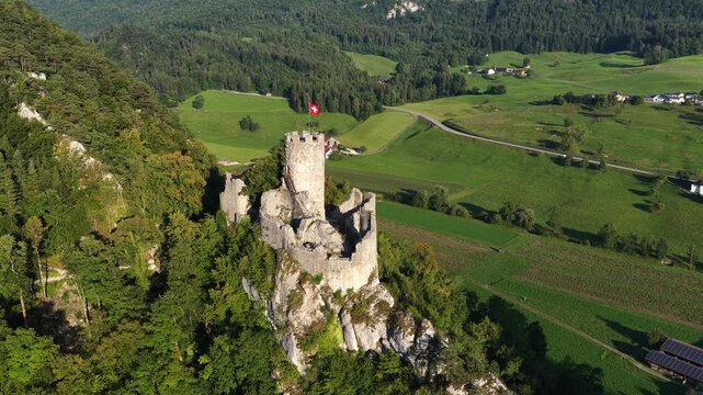 Neu falkenstein castle ruins aerial view in switzerland