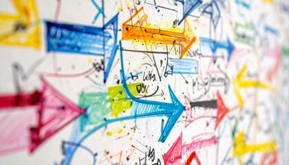 Naklejka premium Colorful Arrows and Diagrams on Whiteboard - Visualizing Strategy.
