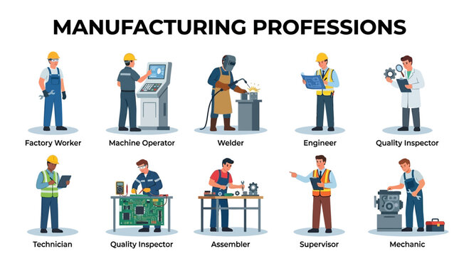 Factory Worker Machine Operator Welder Engineer and Mechanic Roles in Manufacturing Industry
