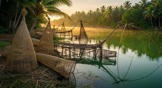 Sunrise Over Chinese Fishing Nets in Kerala Backwaters, India