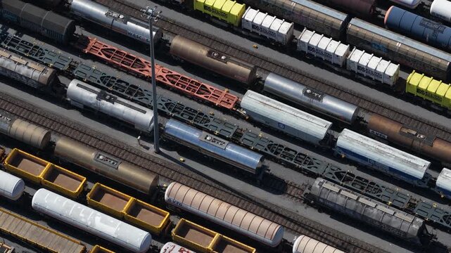 Aerial view of freight trains on railway tracks