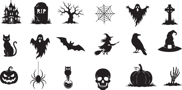 halloween silhouettes collection with haunted house ghost witch and spooky elements high quality