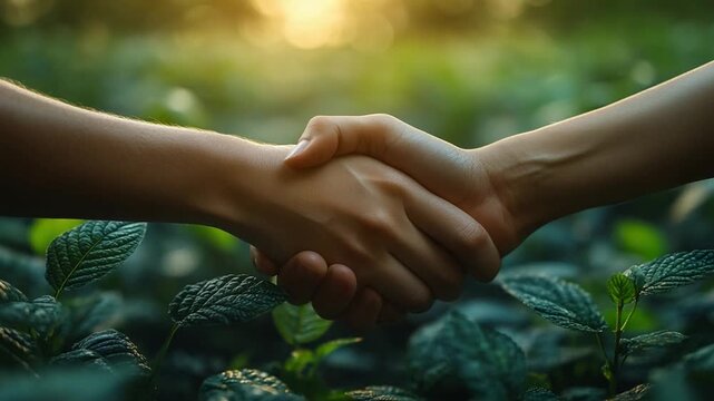 Nature's Pact: Two hands clasped in a firm handshake amidst lush green foliage, symbolizing environmental partnership and a commitment to the planet.