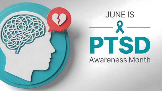 A conceptual 3d illustration featuring a human profile with a tangled brain and broken heart icon representing June as the ptsd awareness month for mental health