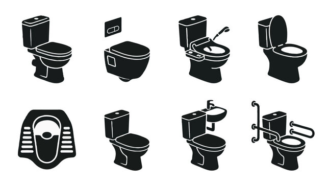 Black and white toilet icons in various styles and designs