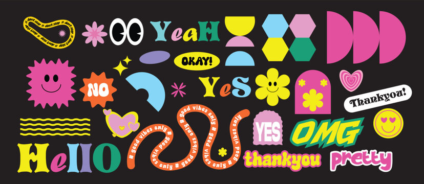 Retro Y2K Aesthetic Sticker Set with Groovy Geometric Shapes, Smiley Faces, and Vibrant Trendy Phrases in Pop Art Style for 193.jpg