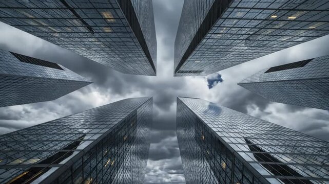 Modern glass skyscrapers reaching skyward against dramatic cloudy urban sky