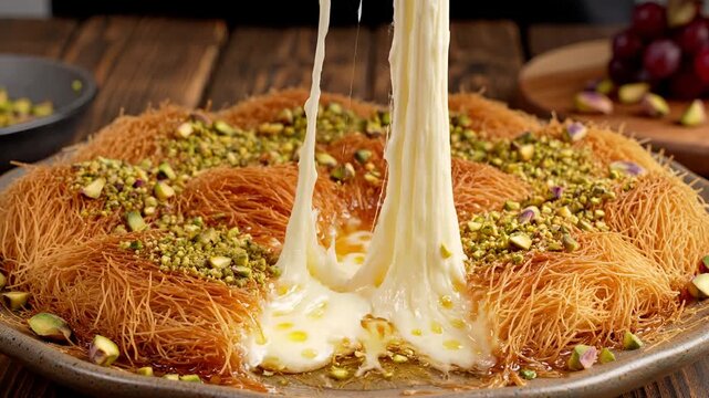 Delicious Kunafa Cheese Dessert Being Served with Pistachios and Cream.