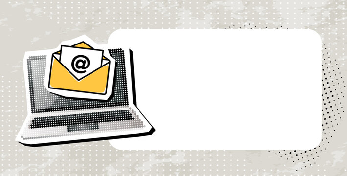 Trendy Halftone collage, Creative digital communication concept with an open envelope on laptop with space for text . Emails, messaging and secure correspondence for business and marketing