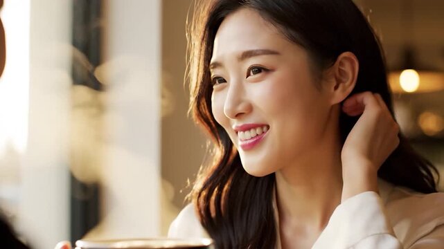 Asian woman smiling and adjusting hair in cafe with warm lighting and blurred background