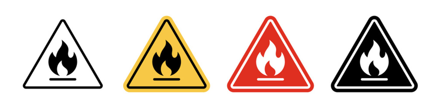 Warning fire icon set. Flammable or Fire Danger icon sign symbol in four colour styles. Full vector illustration