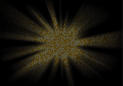 Halftone gold background. Glitter golden circle particles on dark wallpaper with elegant radial light effect. Luxury pattern or celebration backdrop