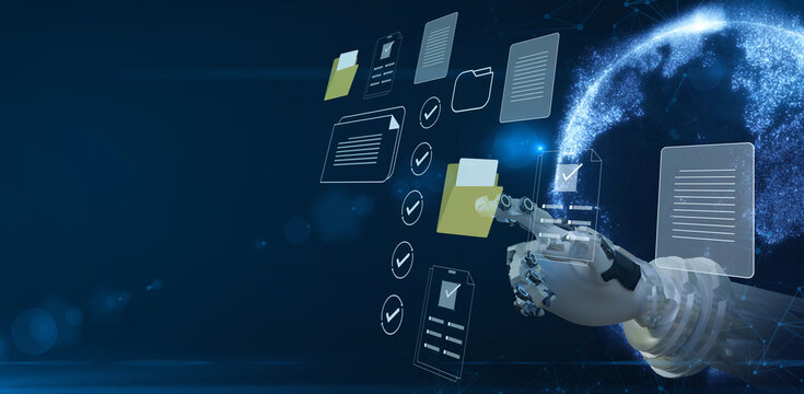 Document management concept, check electronic documents on digital documents on virtual screen Document Management System and process automation to efficiently document paperless operate.