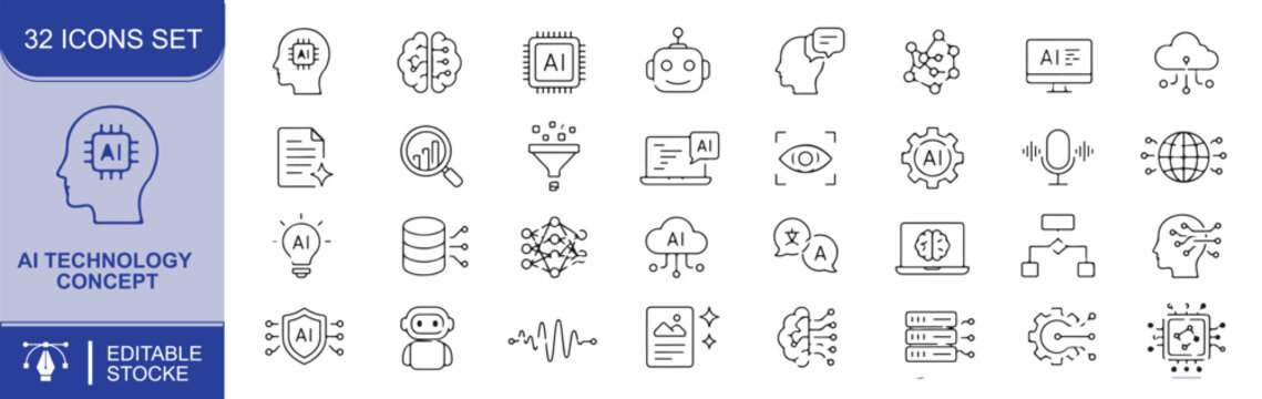Set of 32 AI technology concept page icons Each icon will be different, create a vector outline icons using white background and black color