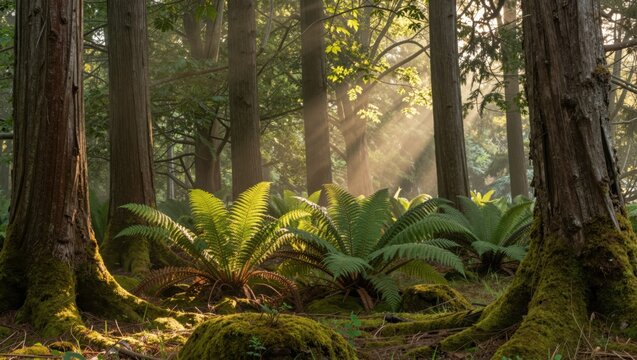 Ferns basking in sunlight within mossy temperate forest