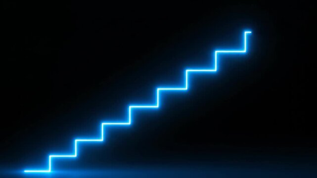 Neon blue glowing steps rising on dark background