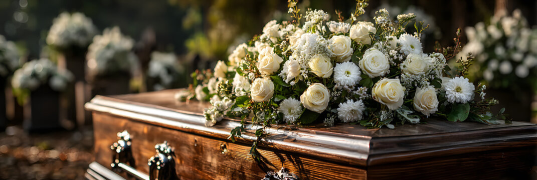 Female Caucasian adults are mourning in soft sunlight during an outdoor funeral ceremony where a wooden casket with white roses is placed.