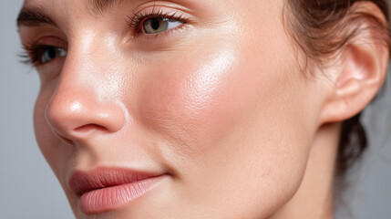 Fototapeta premium Glossy cheek skin with visible pore texture and soft glow, close up portrait of healthy skin highlighting natural complexion and subtle makeup, refined skincare detail