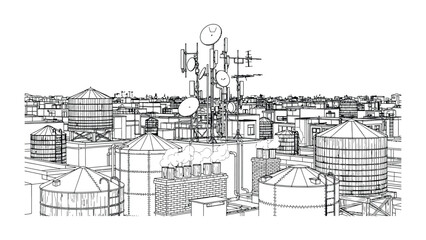 Obraz premium Black and white sketch illustration of a city rooftop with water towers and communication antennas.