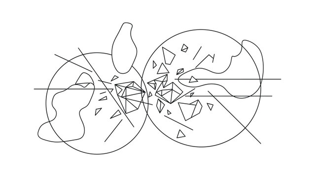Abstract minimalist sketch featuring two circular shapes with geometric crystalline structures and flowing lines.