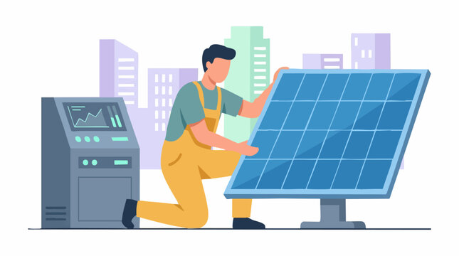 Technician installing solar panel, monitoring renewable energy in city