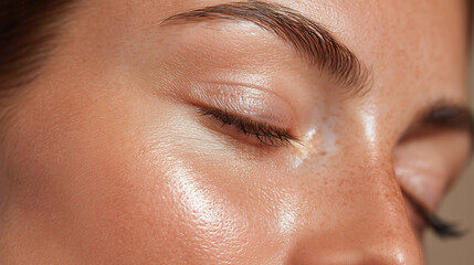 Fototapeta premium Glowing under eye skin close up with soft luminous lighting, smooth texture and visible freckles conveying calm, skincare and natural beauty