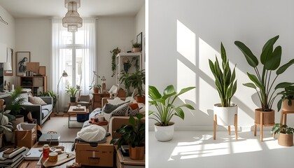 Fototapeta premium Plants bring life to a modern home with natural light and stylish decor