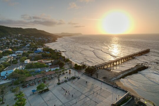 Aerial Sunset View of Puerto Colombia Beach and Pier Near Barranquilla Colombia
