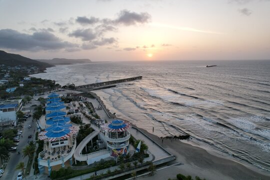 Aerial Sunset View of Puerto Colombia Beach and Pier Near Barranquilla Colombia