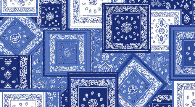 Blue and White Paisley Bandana Patchwork Seamless Pattern Illustration for Textile Design and Background