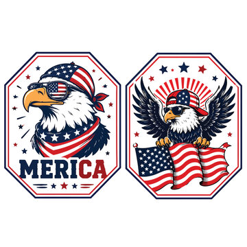 Cool patriotic american eagle wearing flag bandana sunglasses and holding flags with 'merica text independence day fourth of july patriotism sunglasses national symbol illustration celebration