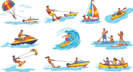 Summer water sports activity set, people surfing sailing and kayaking, cad drawing flat vector illustration © VectoVerse