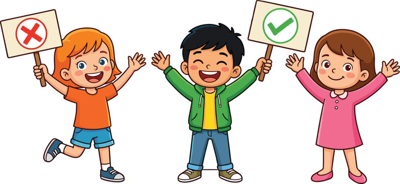 Happy diverse children holding right and wrong signs vector illustration for education and behavior concept