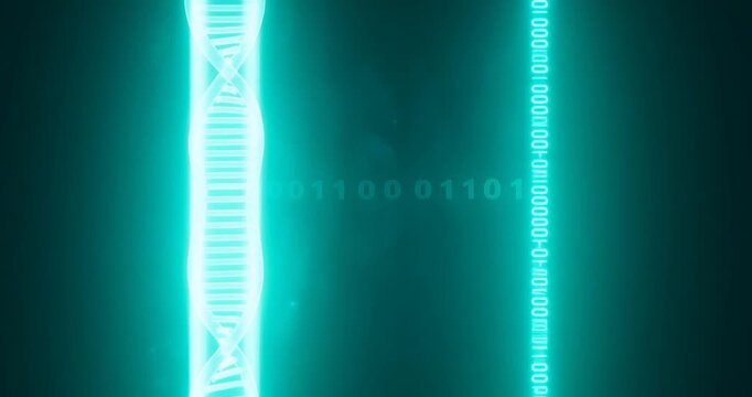 DNA binary code digital technology data science glowing futuristic abstract helix genetic information blue neon structure sequence innovation network communication analysis research biology strand