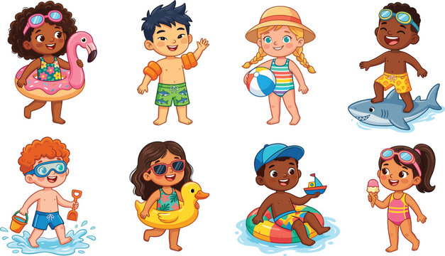 Collection of happy diverse children in swimwear enjoying summer beach activities and water fun vector illustration