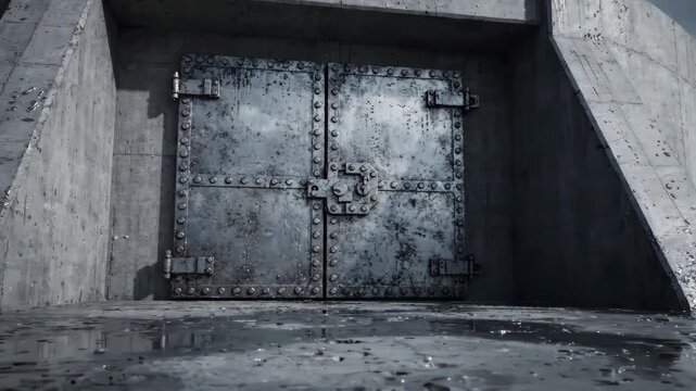 Concrete bunker door stands tall. Wet ground reflects sky's light. Clouds loom overhead ominously. Weathered metal door is heavy. Circular concrete walls frame entrance. Overcast skies cast a somber.