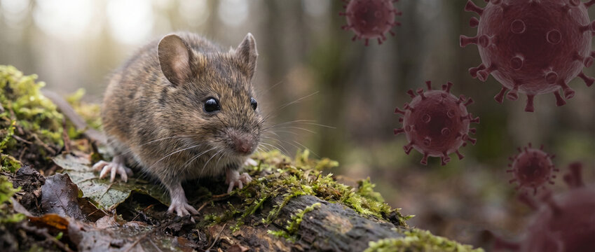 Field Mouse on Moss with Suspended Viral Particles, Hantavirus News Concept
