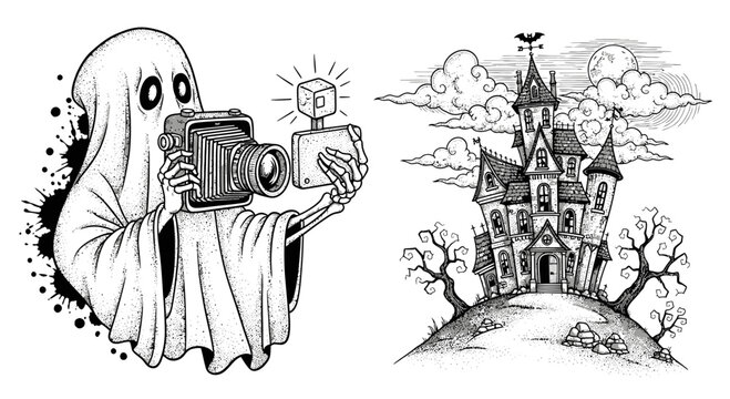 Ghost holding coffee cup and camera.