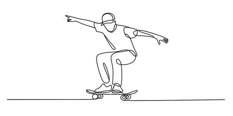 Continuous one line drawing of a person riding a skateboard isolated on white background, Vector © Sojib