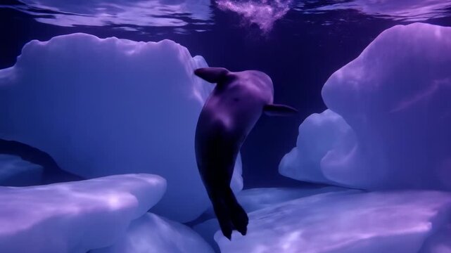 Spotted seal swimming gracefully through massive underwater icebergs in cold polar waters for global warming and climate change awareness concept