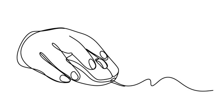 Continuous line drawing of a hand using a computer mouse isolated on white background, Vector