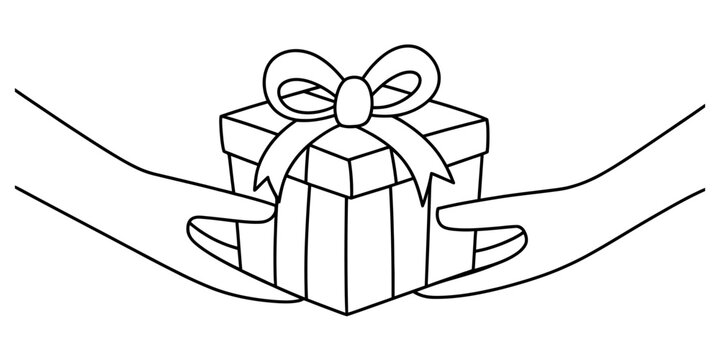 Hands holding a gift box with ribbon bow line art drawing isolated on white background, Vector