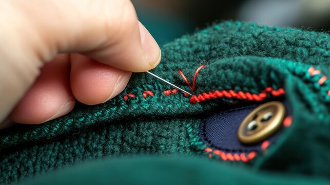 Close-up of hand sewing a red thread near a button on green fabric