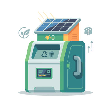 Solar-powered trash compactor for waste recycling illustration  