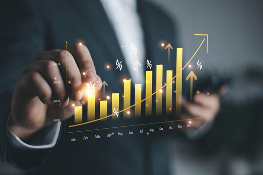 Business growth and financial performance concept with digital bar chart and rising graph, representing investment success, profit increase, market analysis and economic development.