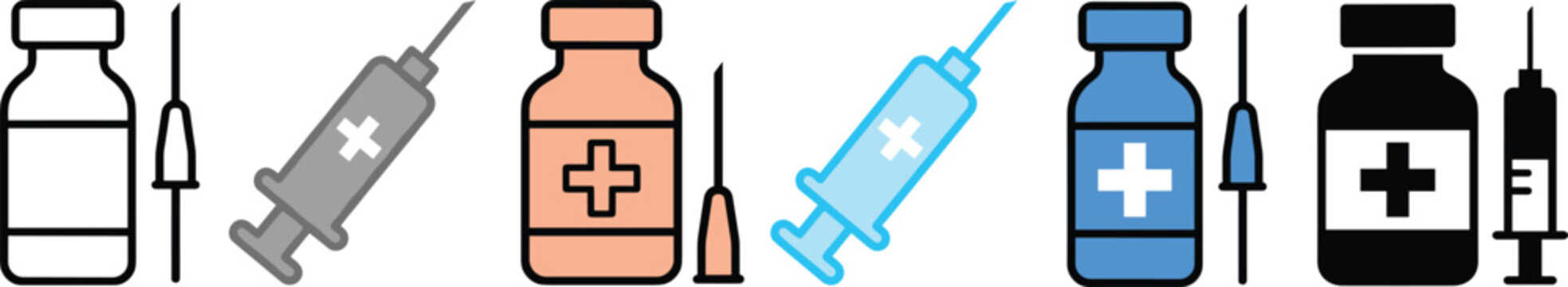 Vaccine vial and medical syringe icons set for healthcare immunization and flu shot prevention vector illustration