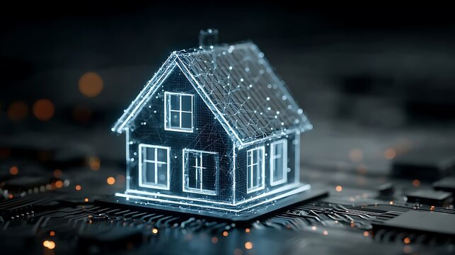 Smart home digital wireframe glowing with blue light on electronic circuit board representing internet of things technology and future residential automation systems in dark room