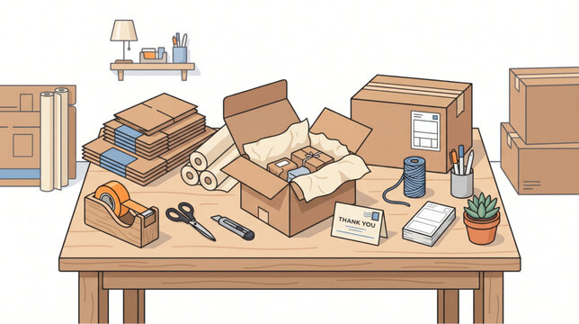 Packing and Shipping Supplies on a Wooden Table for Moving and Business Logistics