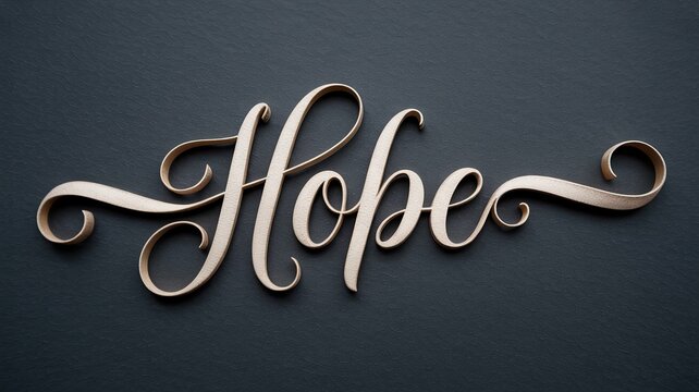 Elegant wooden calligraphy word hope in cursive script on dark textured background.