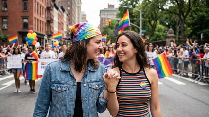 Naklejka premium Two women holding hands at a pride parade walking through a city street celebrating love and equality for LGBTQ rights and diversity marketing concept
